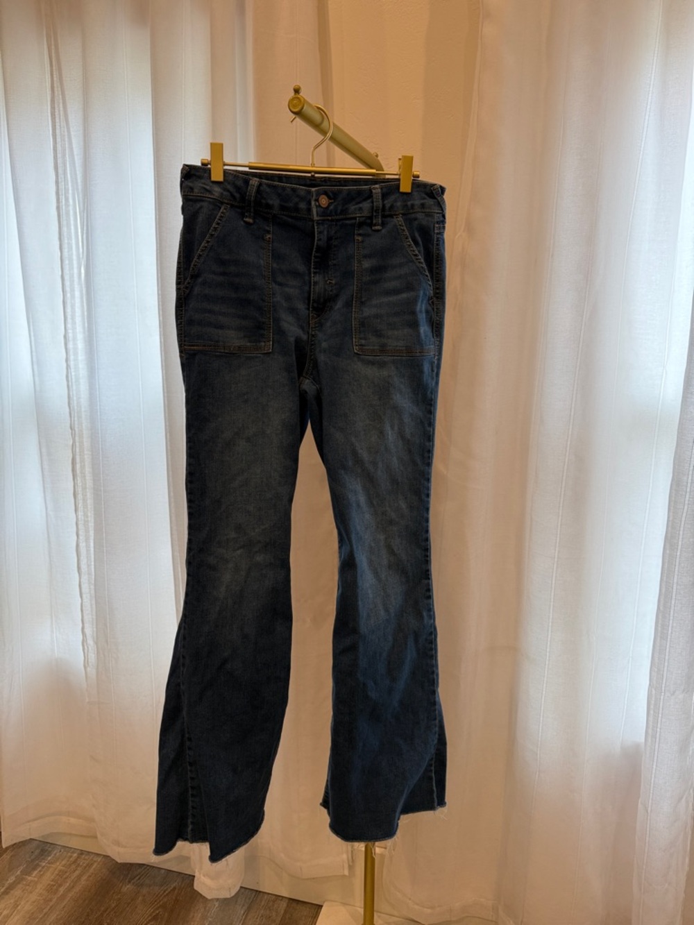 Sincerely Jules Dark Blue Flare Jeans with Front Patch Pockets